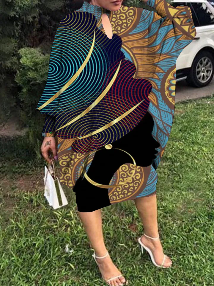 

Plus Size Long Dress Wrinkle Bat Sleeve Party Evening Dresses Women Fashion Loose Europe Head Portrait Print Dress Sexy Mid-calf