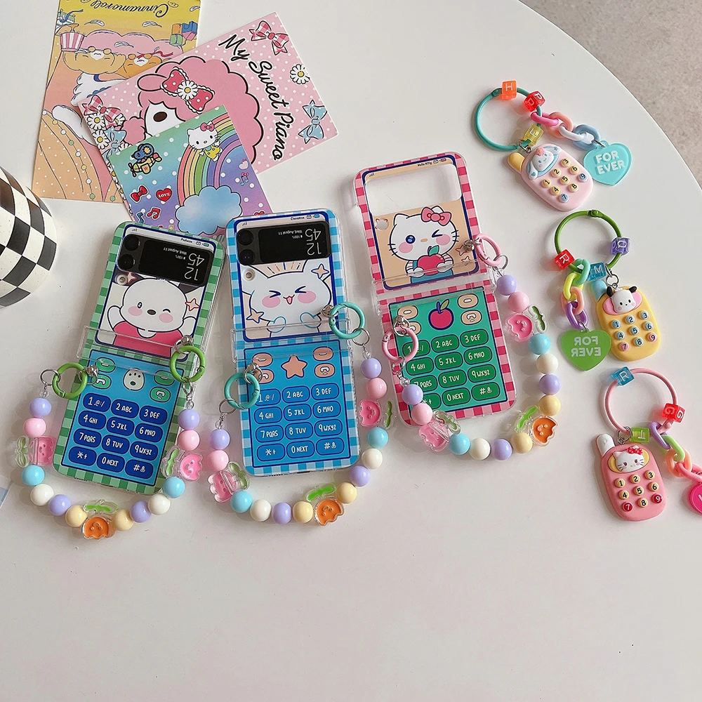 

Sanrio Hello Kitty Pochacco With Bracelet Pendant Phone Case For Samsung Galaxy Cover ZFlip3 ZFlip4 5G Back Cover Y2k Girl Gift