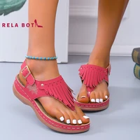 new clip toe fringed sandal for women single button women platform shoes round head microfiber tassel buckle wedge sewing casual
