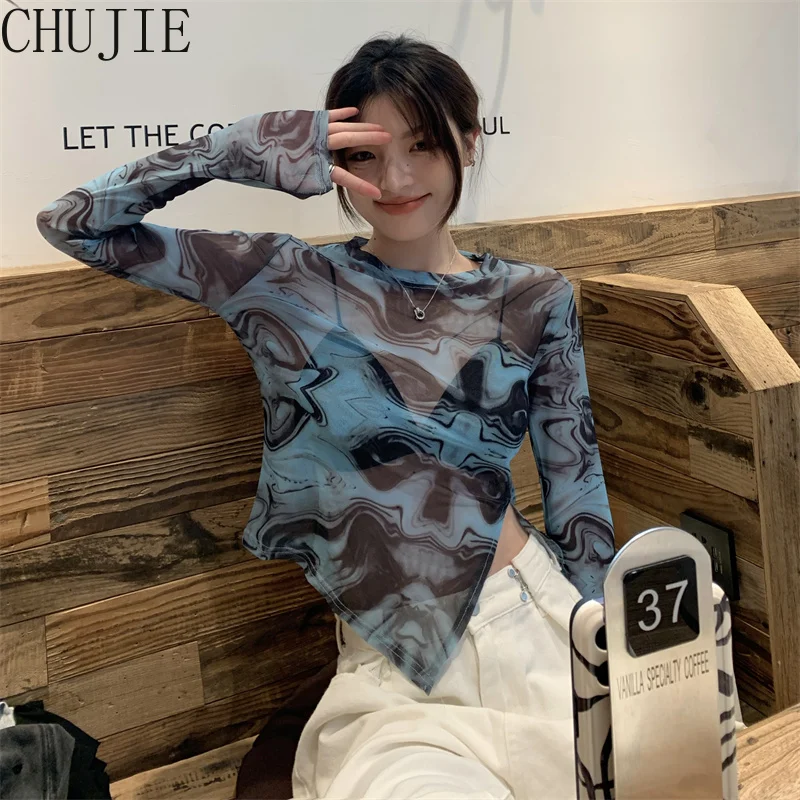 

2022 New Fashion Trend Mesh Women's Top Summer Irregular Split Long Sleeve Sunscreen Shirt Short Tight Thin T-shirt Women's Top