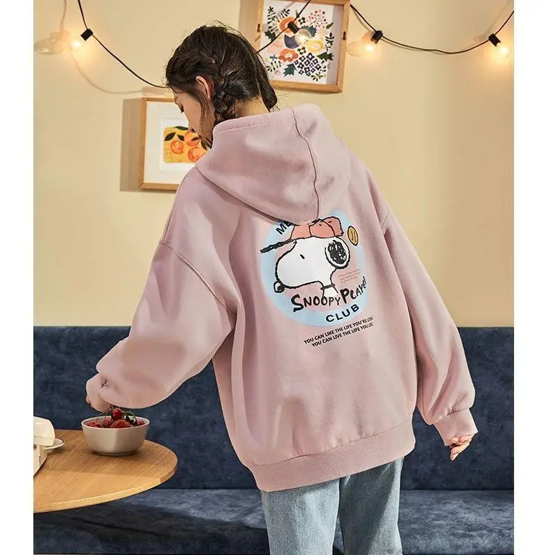 

2022 New Snoopy Korean Cartoon Loose Hoodie S-Xl Kawaii Anime Plush Schoolgirls Loose Fleece Thickened Longsleeved Hooded Top