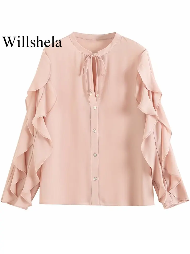 

Willshela Женская модная розовая однотонная плиссированная однобортная блузка в винтажном стиле с круглым вырезом и длинными рукавами, женские...