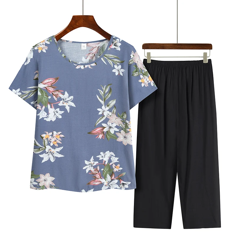 

Middle-aged and Elderly Mother Women's Summer Clothes Elderly Short-sleeved Suit Grandma Top Old Lady Cotton Silk Two-piece Suit