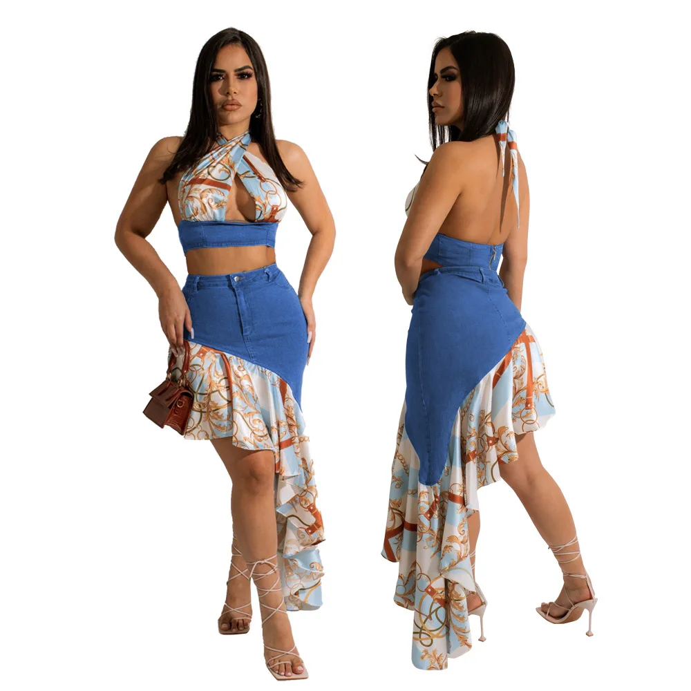 SKMY New Irregular Skirt Sets Denim Sleeveless Printing Halter Neck Hollow Out Crop Tops Sexy Two Piece Womens Outfits