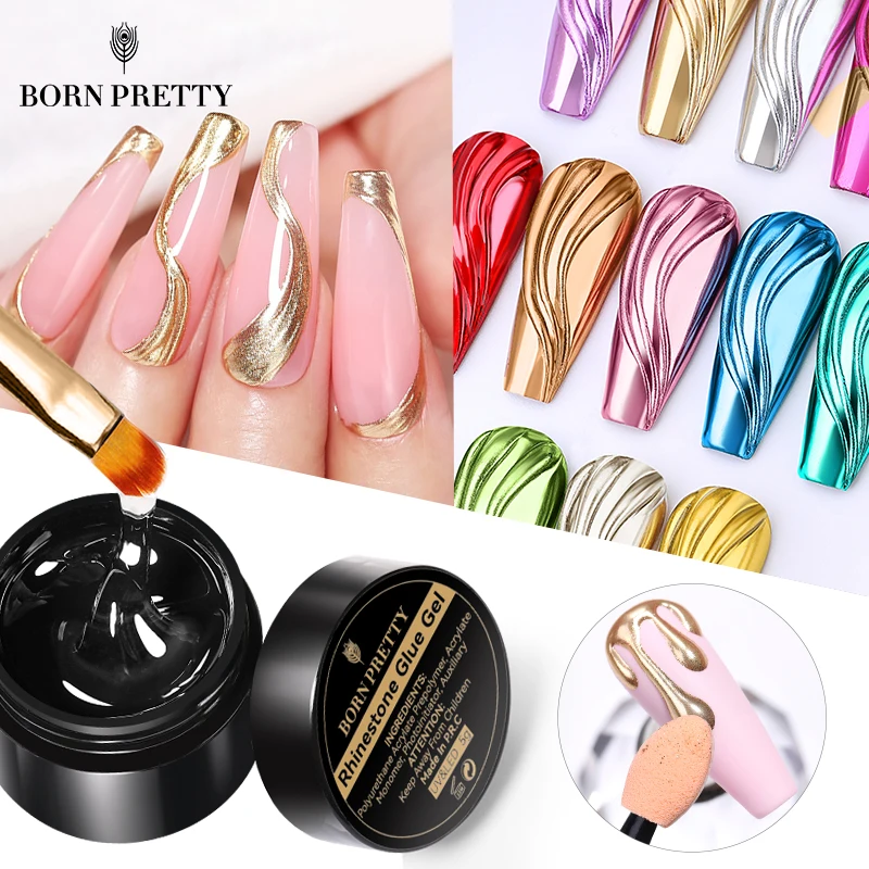 BORN PRETTY 3PCS Rhinestones Glue Gel Set Mirror Nail Powder With Nail Liner Brush UV LED Transparent Adhensive Glue Gel
