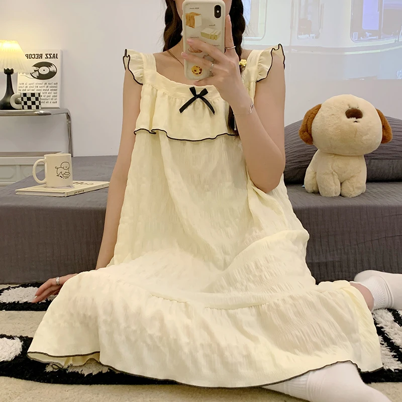 Pure Cotton Sleeveless Nightgown Soft Summer Nightgown Casual Girl Slip Strap Sleepshirts with Bow Plus Size 5XL Home Dress