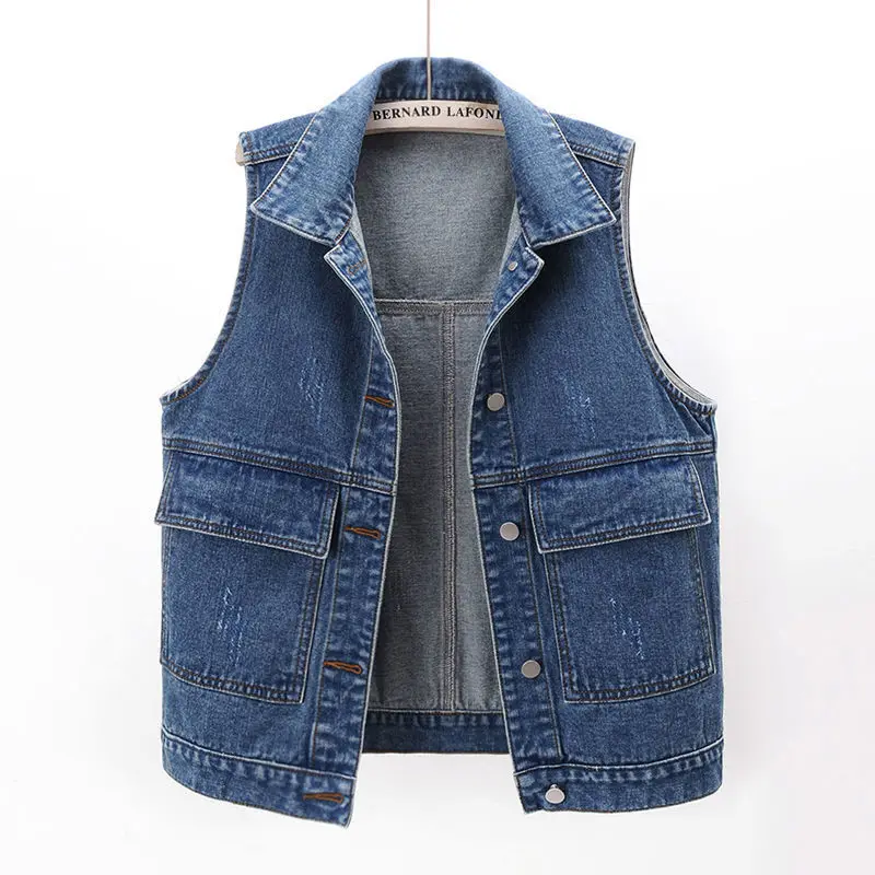 

2022 Spring and Summer New Denim Vest Women's Short Style Simple All-match Large Pocket Loose Sleeveless Vest Vest Vest