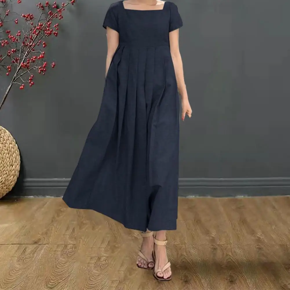 

Women Summer Dress Square Neck Short Sleeves Pleated Loose Hem A-line Ankle Length Solid Color Mid-calf Length Lady Dating Long