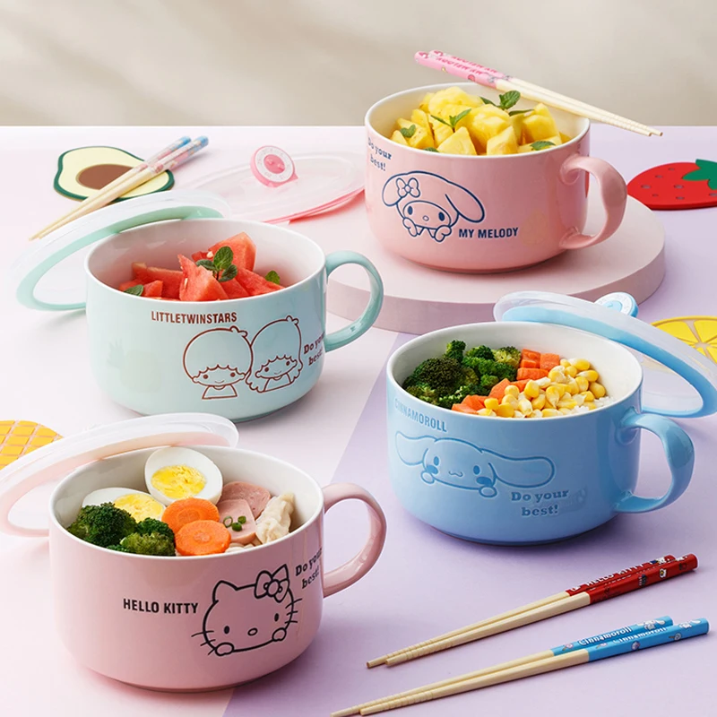 

Kawaii Cartoon Sanrioed Kuromi My Melody Cinnamoroll Cute Ceramic Instant Noodle Bowl Single Bento Box with Lid Girl Heart Gift