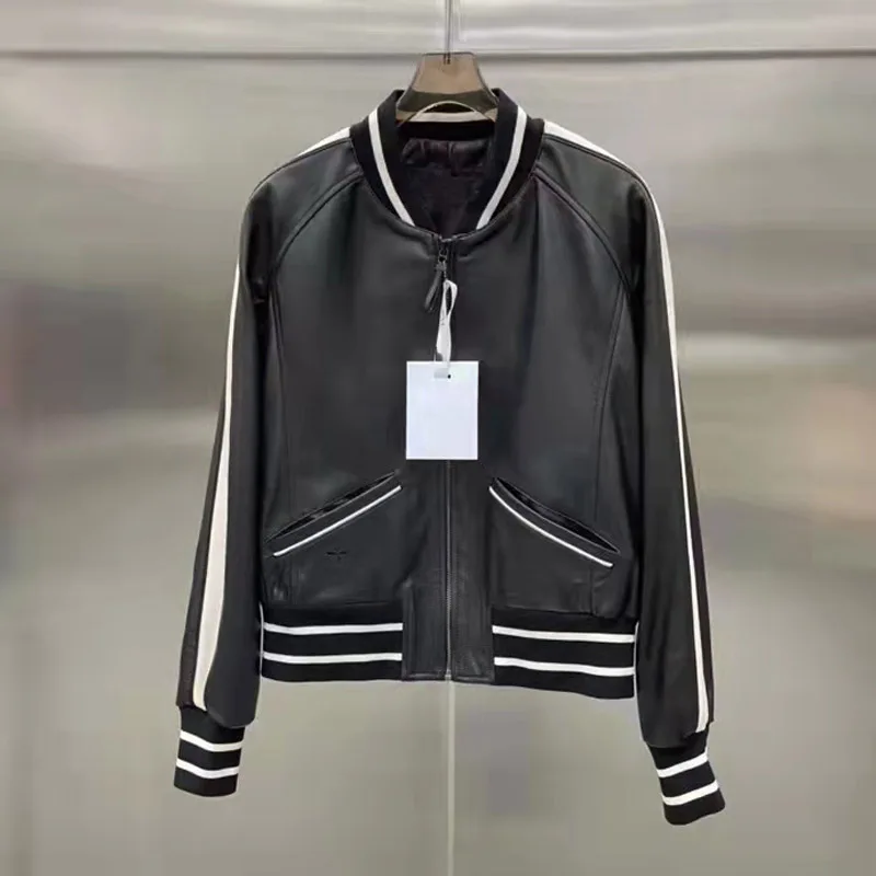 

Женская бейсбольная куртка оверсайз, куртка из натуральной кожи с круглым вырезом и соединительными рукавами, верхняя одежда, весна 2022