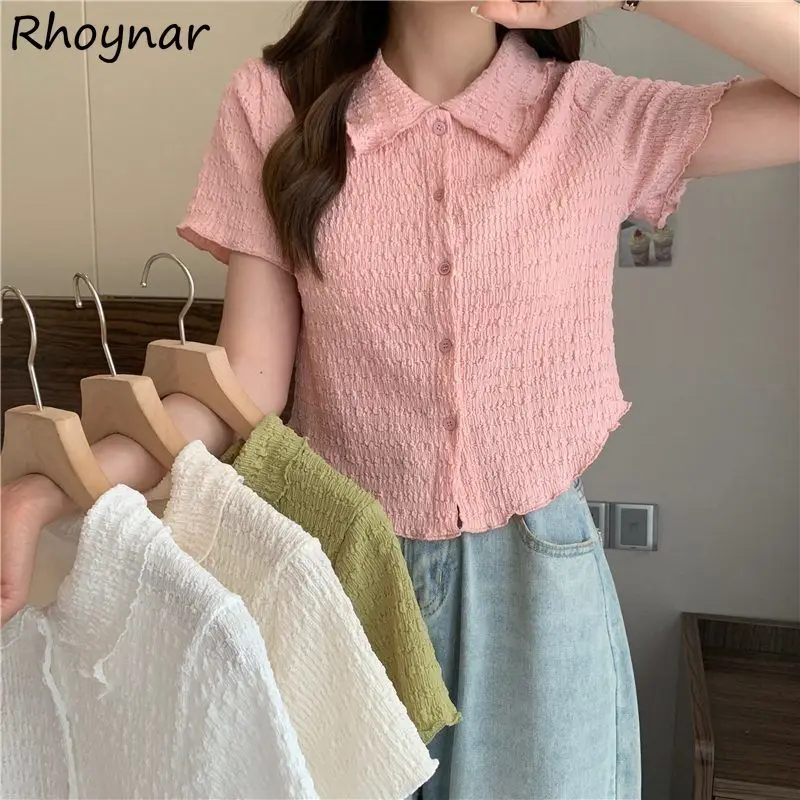 

Short Sleeve Shirts Women Cropped Sweet Tender Fashion Thin Summer Folds Soft Ulzzang Preppy Retro Young Girlish Casual Popular