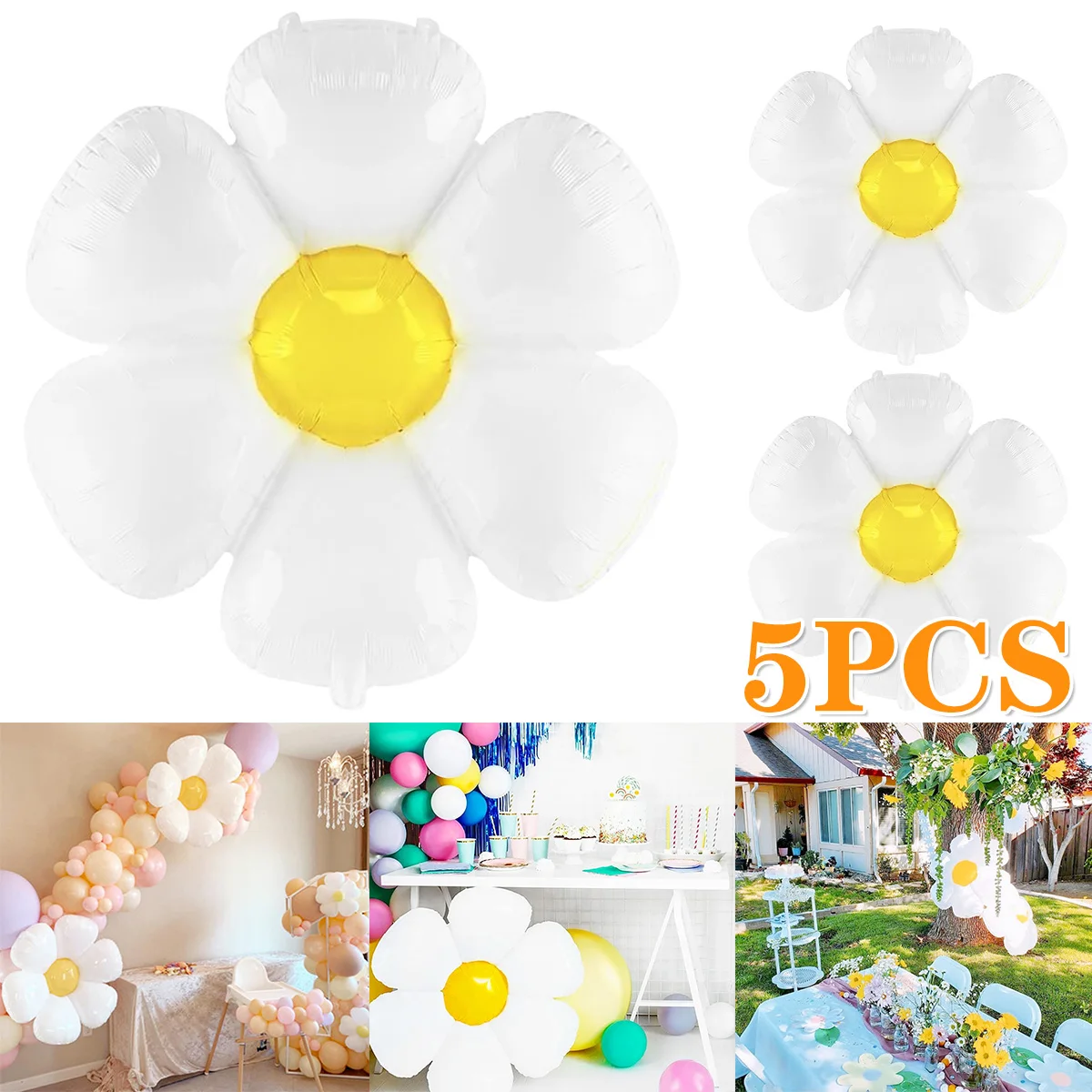 

5 Pcs Daisy Balloons White Flower Balloon Daisy Aluminum Film Balloon Reusable Flower Shaped Balloons for Baby Shower Birthday