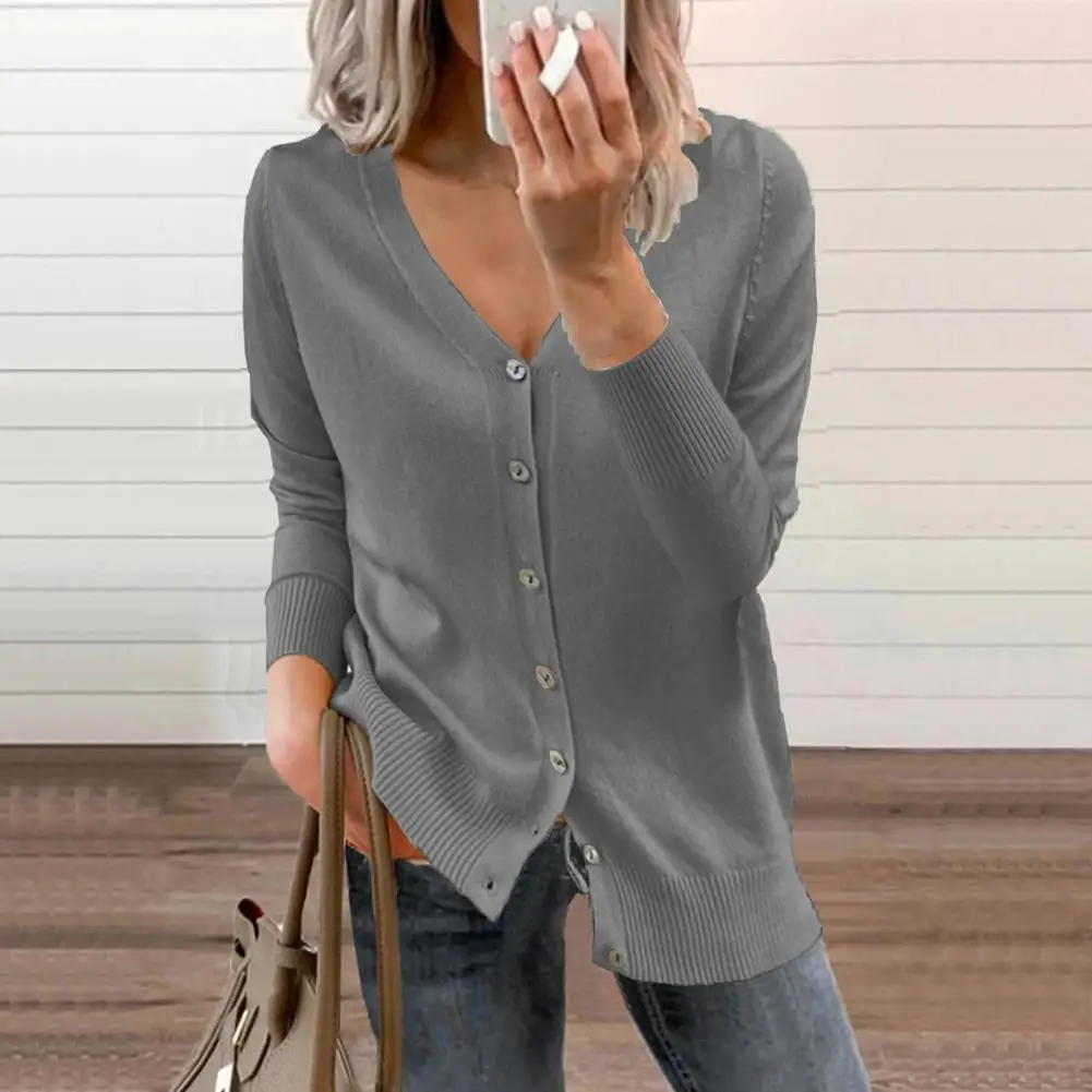 

Autumn Sweater V-Neck Long Sleeve Ribbed Trim Ladies Sweater Autumn Winter Solid Color Buttons Placket Knitted Coat Outerwear