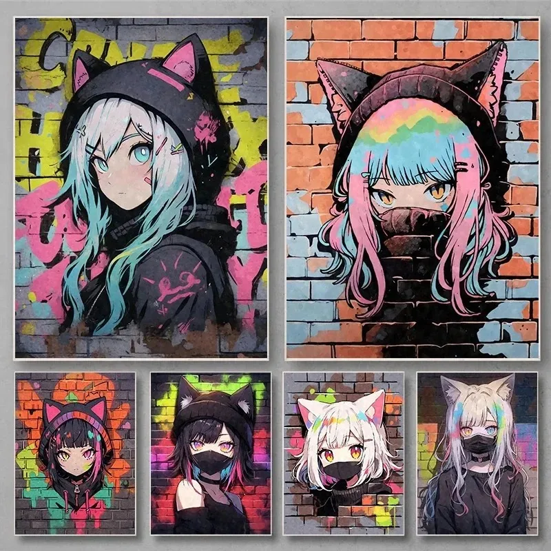 Аниме Кошка Девушка Граффити Стиль Плакат Холст Принт Настенное Искусство Для