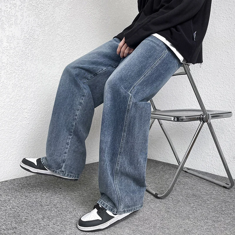 Men's Wide Leg Jeans Baggy New Fashion Oversized Elastic Waist Vintage Bleached Straight Denim Pants Trouser Male Streetwear