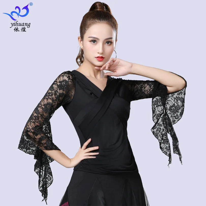 

1pcs/lot woman belly dancing blouse female ballroom dancing lace sleeve v-neck top