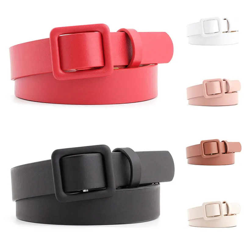 Vintage PU LeatherStrap Belts Women Decorative Waist Belt Solid Color Square Smooth Buckle Slim All-match Narrow Thin Belt