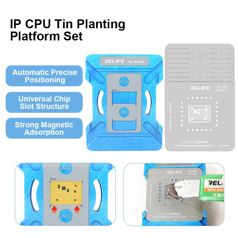 

RELIFE RL-601MA A8-A16 CPU Planting Tin Template Fixture Set for Phone 6-14 Series IC Chip BGA Reballing Stencil Platform Set