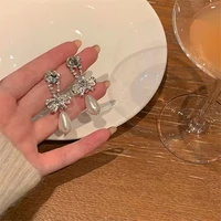 korean style bowknot crystal luxury dangle earrings for women girls pearl zircon drop earring weddings bride jewelry accessories