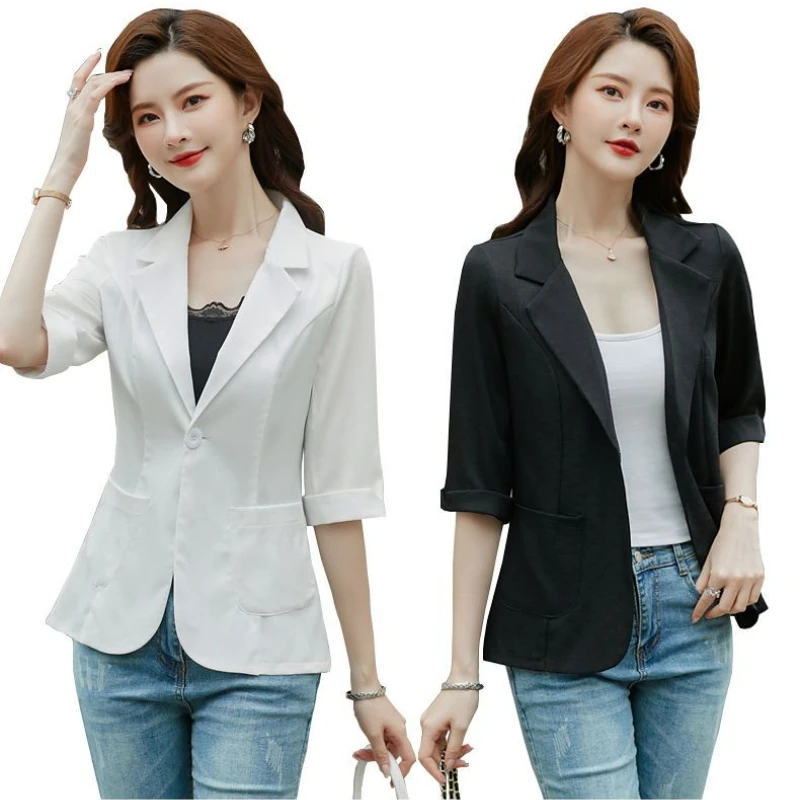 Women's Summer Wear 2023 New Small Suit Jacket Slim Female Figure Large Size Casual Suntan Jacket Seven Minutes