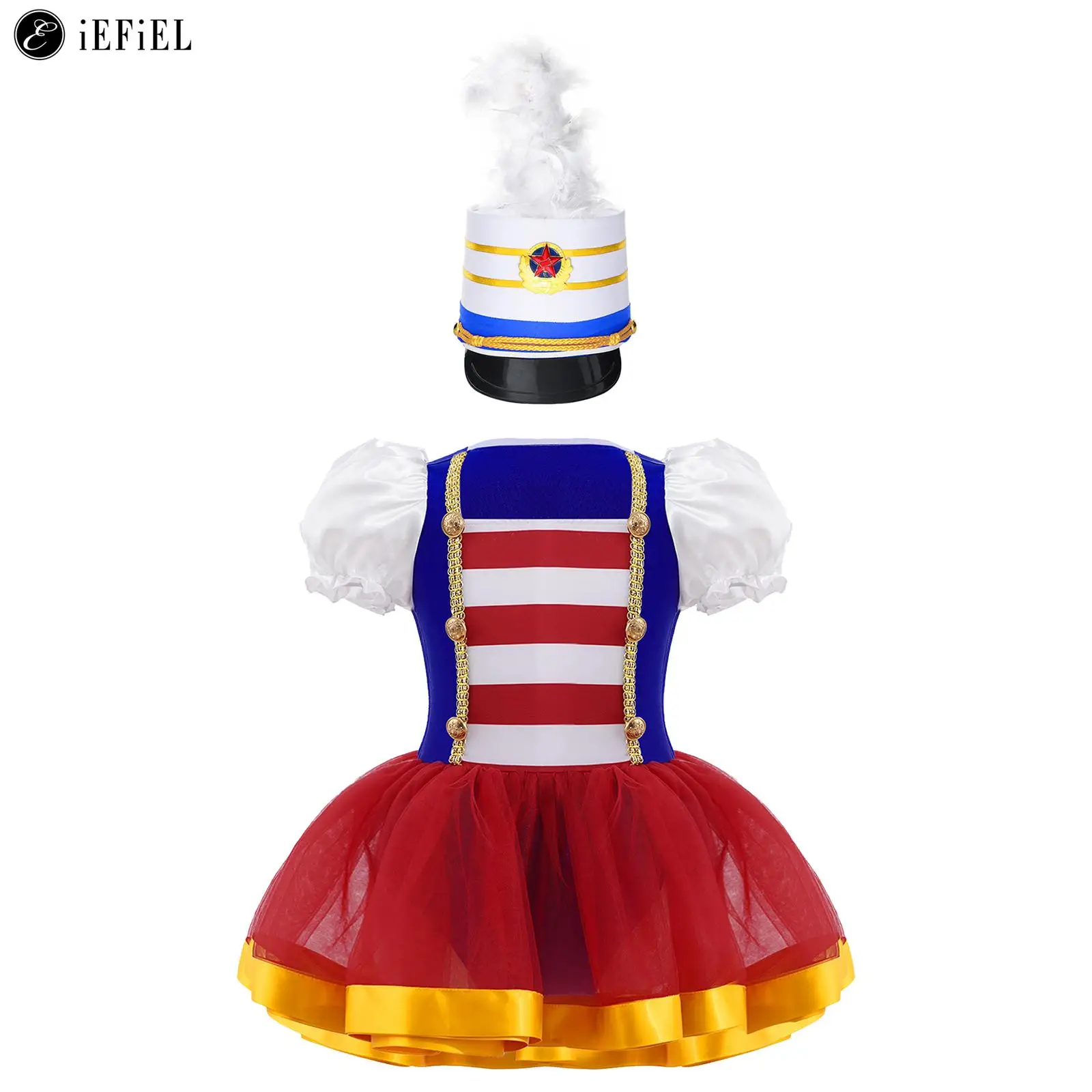 

Kids Girls Drum Majorette Marching Band Uniform Circus Flag Raiser Honour Guard Costume Short Puff Sleeve Tutu Dress with Hat