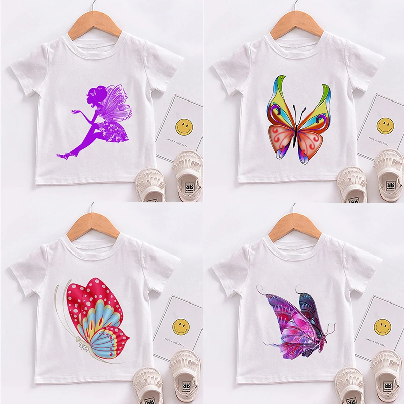 

T Shirt Summer Fashion Cartoon Butterfly Printing White Pink Children Clothes Girl Cute Korean Version Short Sleeve Casual Top
