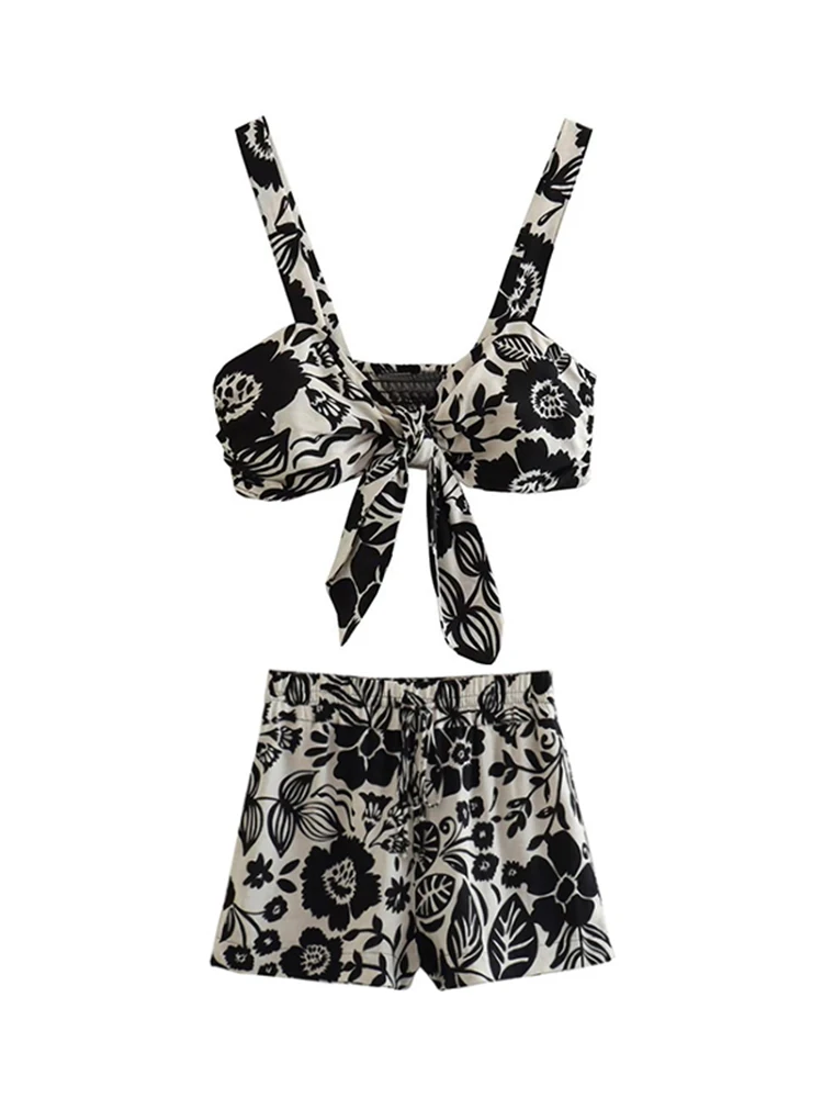 

TRAF Summer Women Print Camisole Shorts Sets 2023 New Beach Style Bow Decoration Super-Short Tops+Slim Elastic Waist Shorts