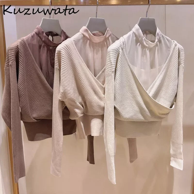 

Kuzuwata 2022 Autumn New Jumper Sexy Off Shoulder Shirts Patchwork Fake Two Short Knitting Pullover Japanese Sweet Sweater Women