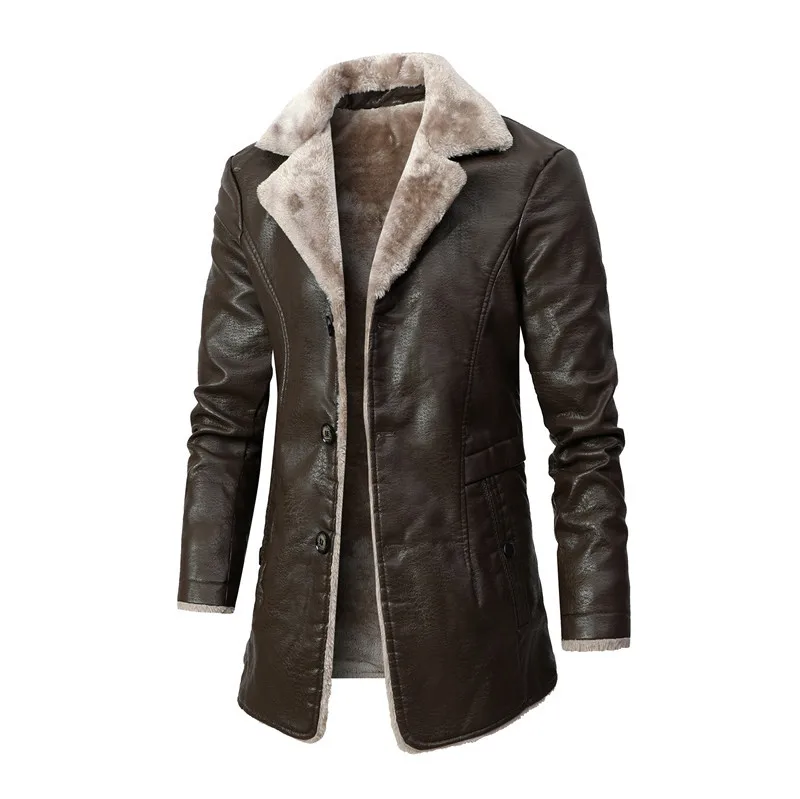 

Men's PU Leather Jacket Men's Winter Thick Long Wool Coat Lapel Fur Lining Single-breasted Coat 2023 Fashion Personality