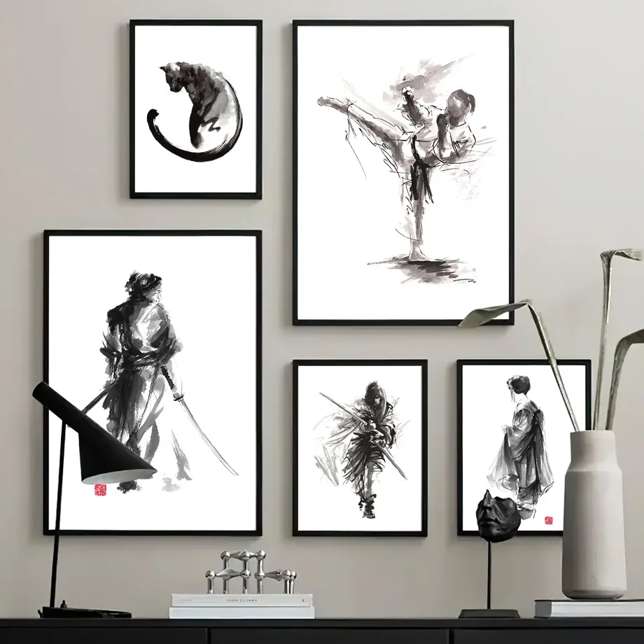 Черная кошка Шотокан Самурай гейши карате настенная Картина на холсте