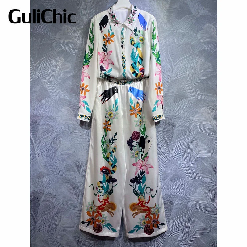 

7.6 GuliChic Women Temperament Flower Print Lapel Collar Beading Shirt And Elastic Waist Straight Wide Leg Pants Comfortable Set