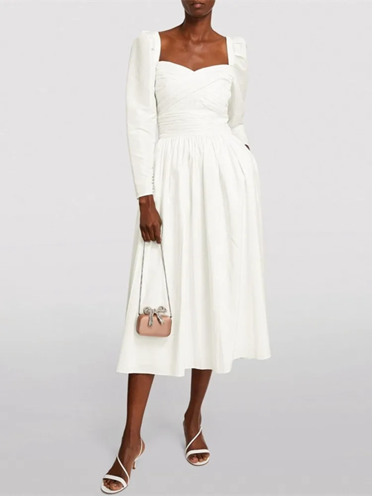 Autumn 2023 Women Backless Midi Dress White Square Collar Temperament High Waist Pleated Female Long Sleeve Robes