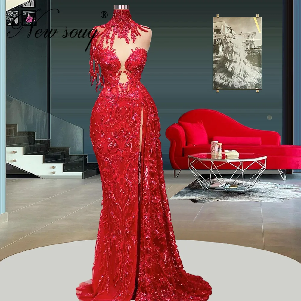 

2022 Red Beading Wedding Party Dresses Robes Femme Arabic Dubai Mermaid Show Evening Dress Couture Long Prom Celebrity Gowns