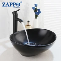 ZAPPO Bathroom Ceramic Oval Sink Black Countertop Bowl Faucets Combo Hot Cold Tap Bathroom Basin Sinks Mixer W/Drain