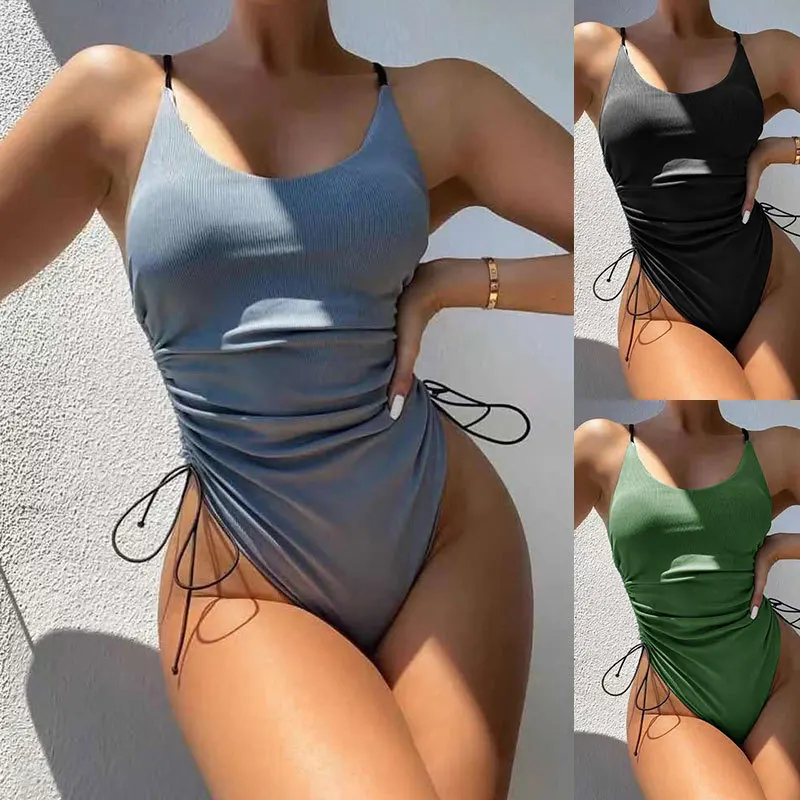 

Sexy Swimwear Women One Piece Swimsuit High Cut Bathing Suit Drawstring Tie Waist Bodysuit Swimming Suit Beachwear Bather