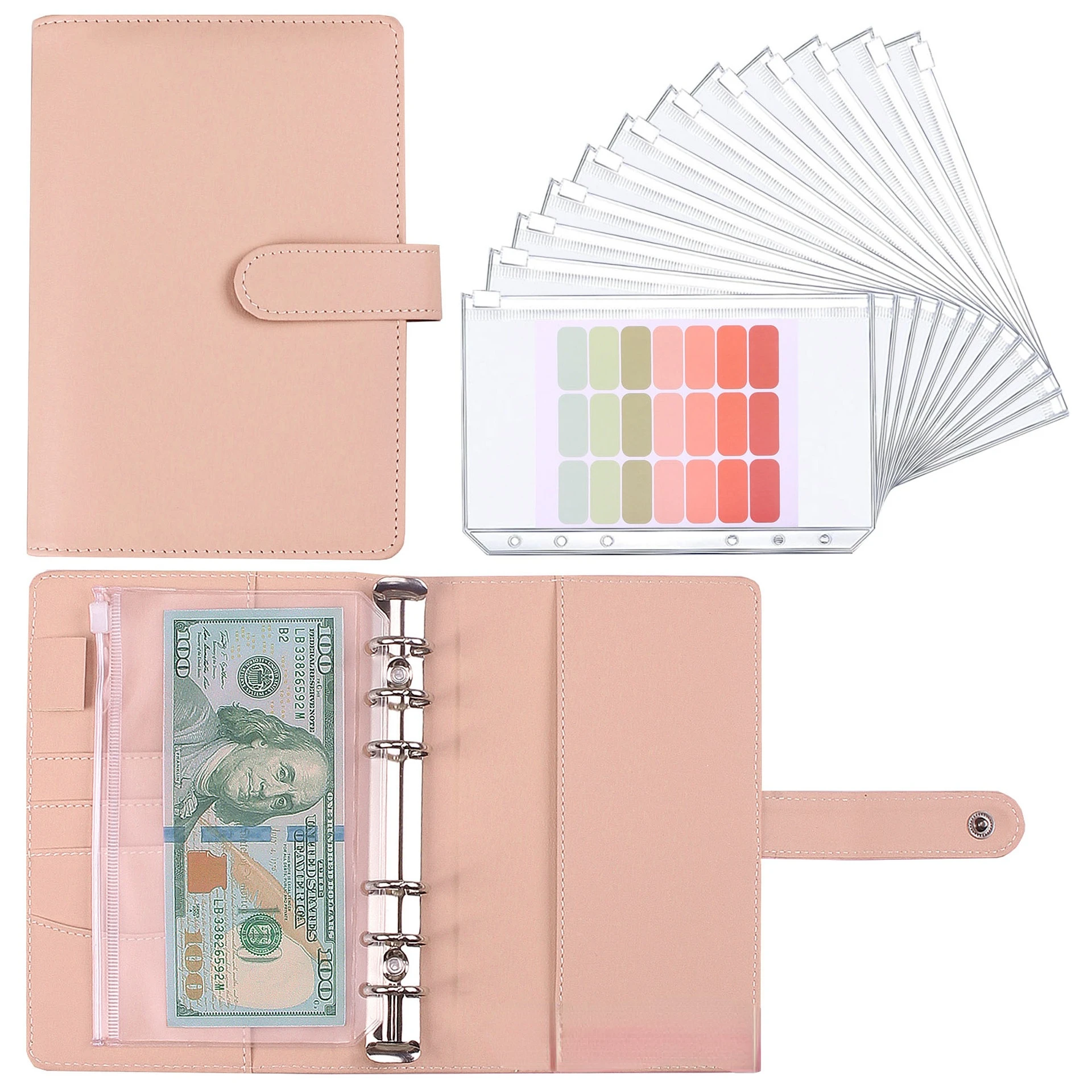 

2022 New A6 PU Leather Pink Notebook Binder Budget Planner Organizer 6 Ring Binder Cover 12 Binder Pockets Agenda Planner Cover