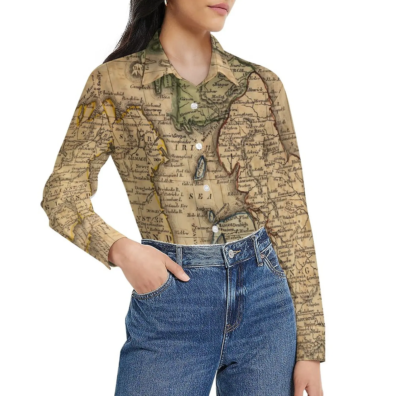 

Map Blouse Women Scotland and Ireland Streetwear Loose Blouses Long Sleeve Vintage Shirt Custom Tops Big Size 2XL 3XL