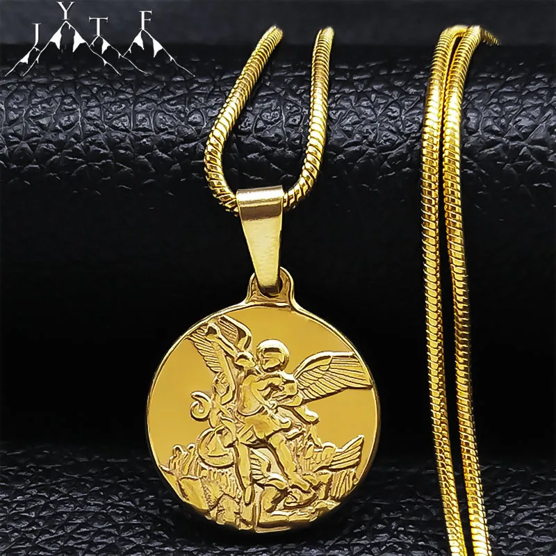 Ожерелье из нержавеющей стали SAINT MICHAEL PROTECT US ожерелье-чокер золотого цвета для