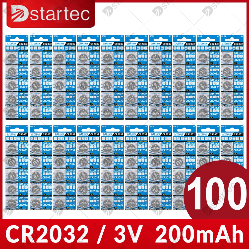 

100PCS DStartec 200mAh CR2032 Battery 3V Lithium Coin Cell CR 2032 Watch Battery; DL2032 BR2032 ECR2032 L2032 5004LC L14 KCR2032