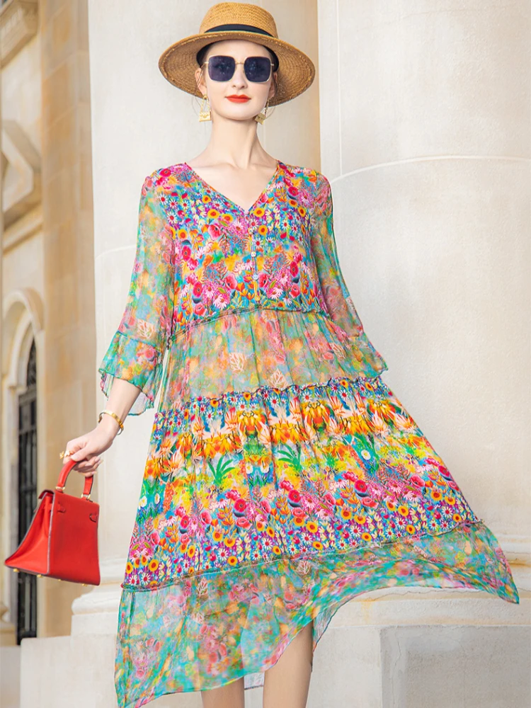 

Женское шифоновое пляжное платье средней длины, Розовое свободное платье с цветочным принтом, элегантное праздничное платье, весна-лето 2022