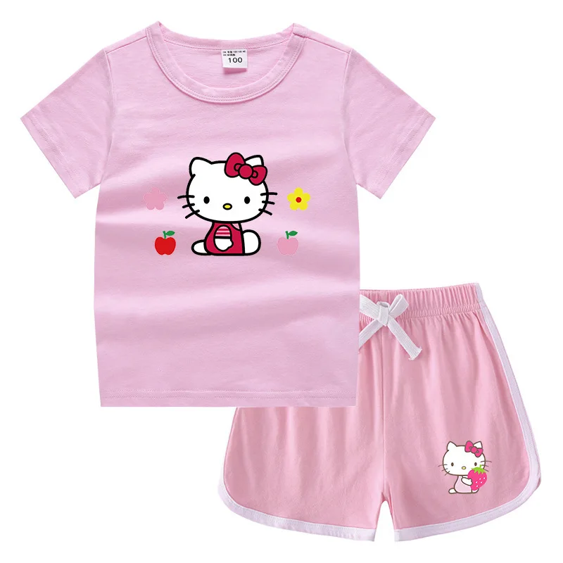 

2022 Hello Kitty Summer Children's Round Neck T-shirt Hot Pants Casual Bottoming Shirt Sweat-absorbing Candy Undershirt Suit