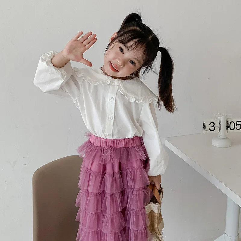 Freely Move Children Clothing 2022 New Autumn Fashion Child Solid Ruffle Lapel Tops Kids Baby Girls Long Sleeve Blouse Shirt