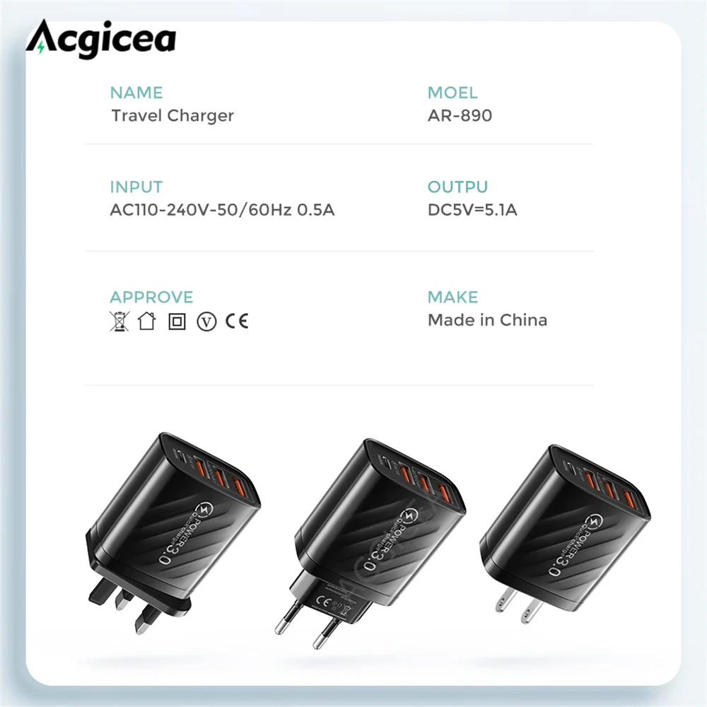 Зарядное устройство USB Type C 48 Вт быстрое зарядное 3 0 для iPhone Samsung Xiaomi Mi Huawei дорожный