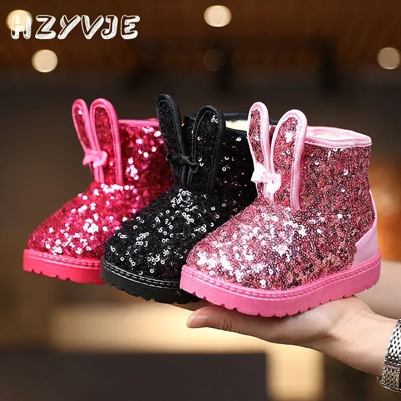 

Children's Winter New Cute with Sequins Snow Boots Baby Girls Plus Thick Plush Warm Fashion Furry Outdoor Kids Trend Snow Boots