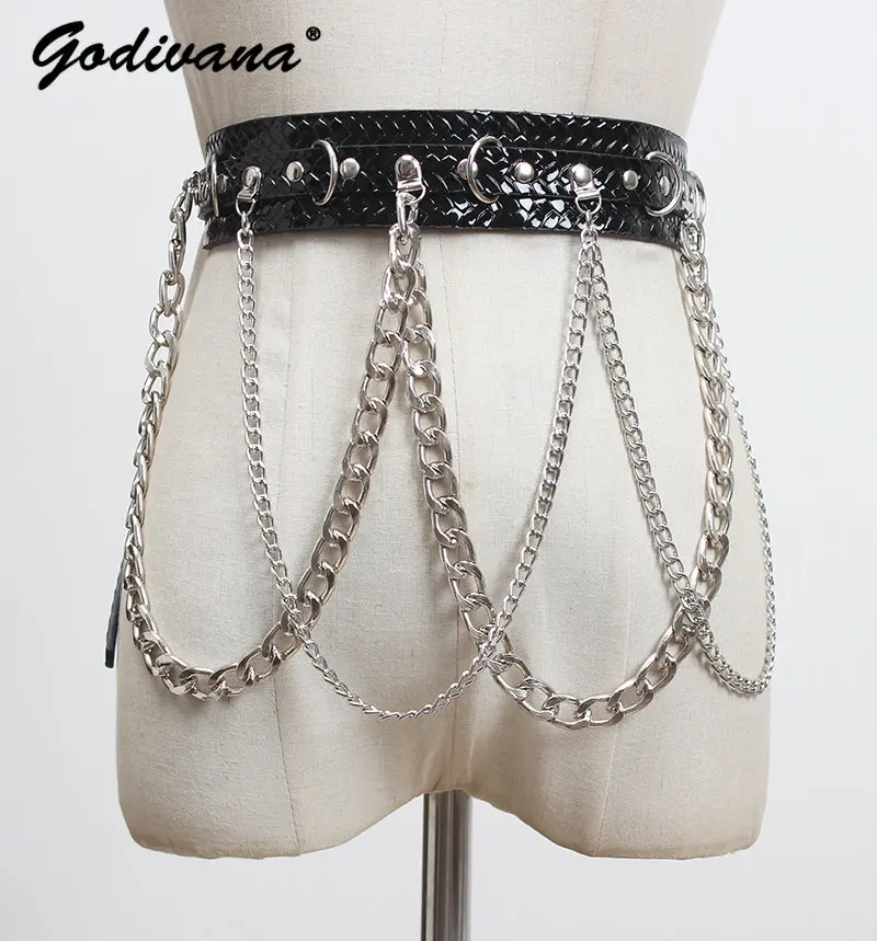 Dark Punk Waistbelt Versatile Skirt Waist Chain Retro Rivet Tassel Girdle Female Ins Wind Black Waistband Luxury Belt For Women