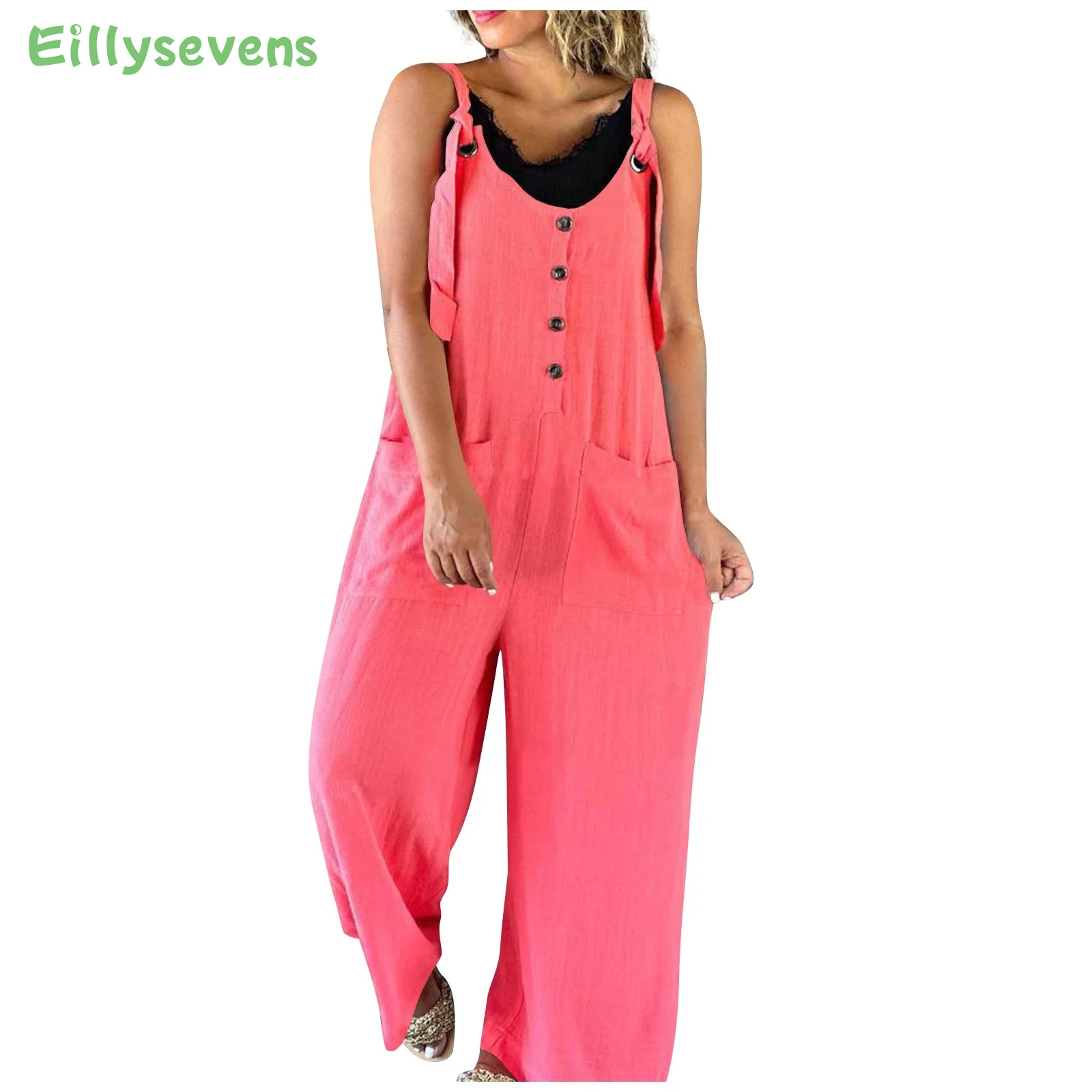 

Jumpsuits For Women Dressy Casual Solid Pocket Romper Long Playsuit Strap Button Jumpsuit For Women Summer Combinaison Femme