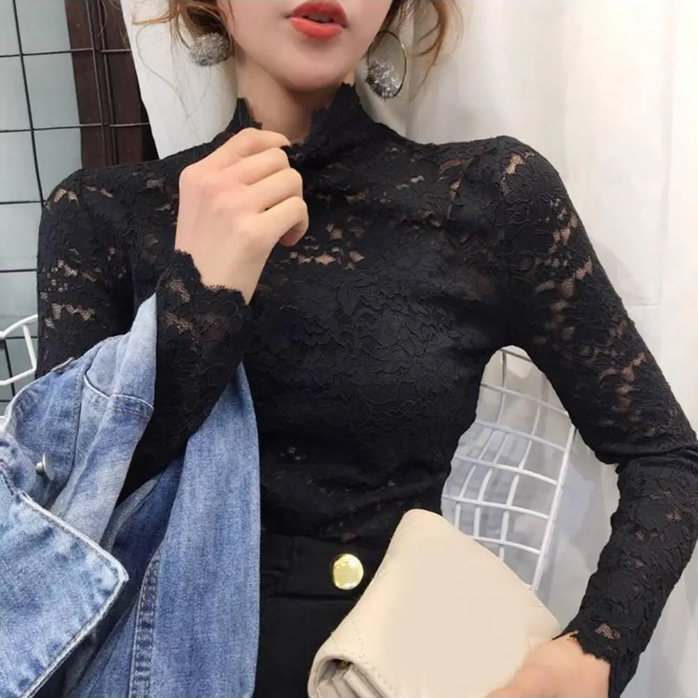 

Trendy Crochet Hollow Floral Lace Pullover Top Pullover Blouse Autumn Winter Elastic
