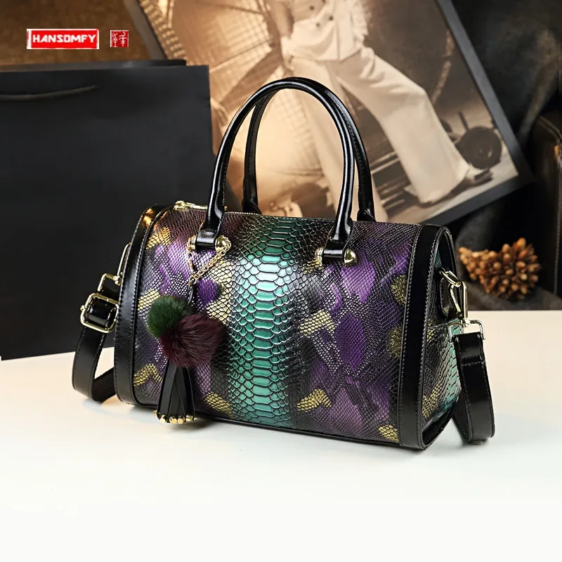 

Luxury Genuine Leather Women Handbags Fashion Female Serpentine Boston Bag Portable Tote Bag Tassel Shoulder Messenger Bags 2022