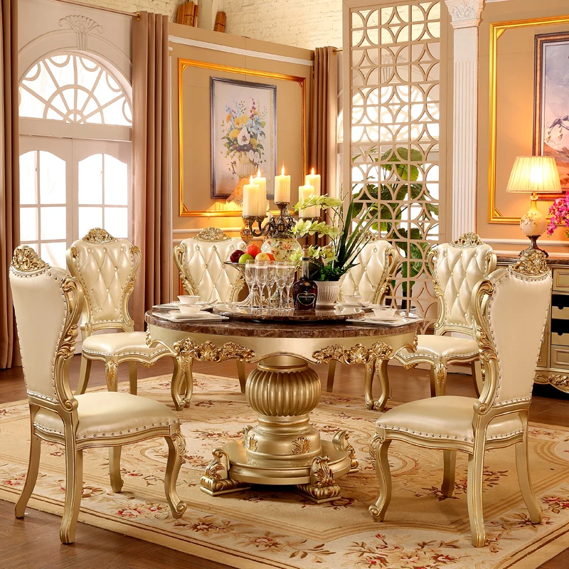 

European dining table and chair combination American villa round table turntable dining table marble dining table