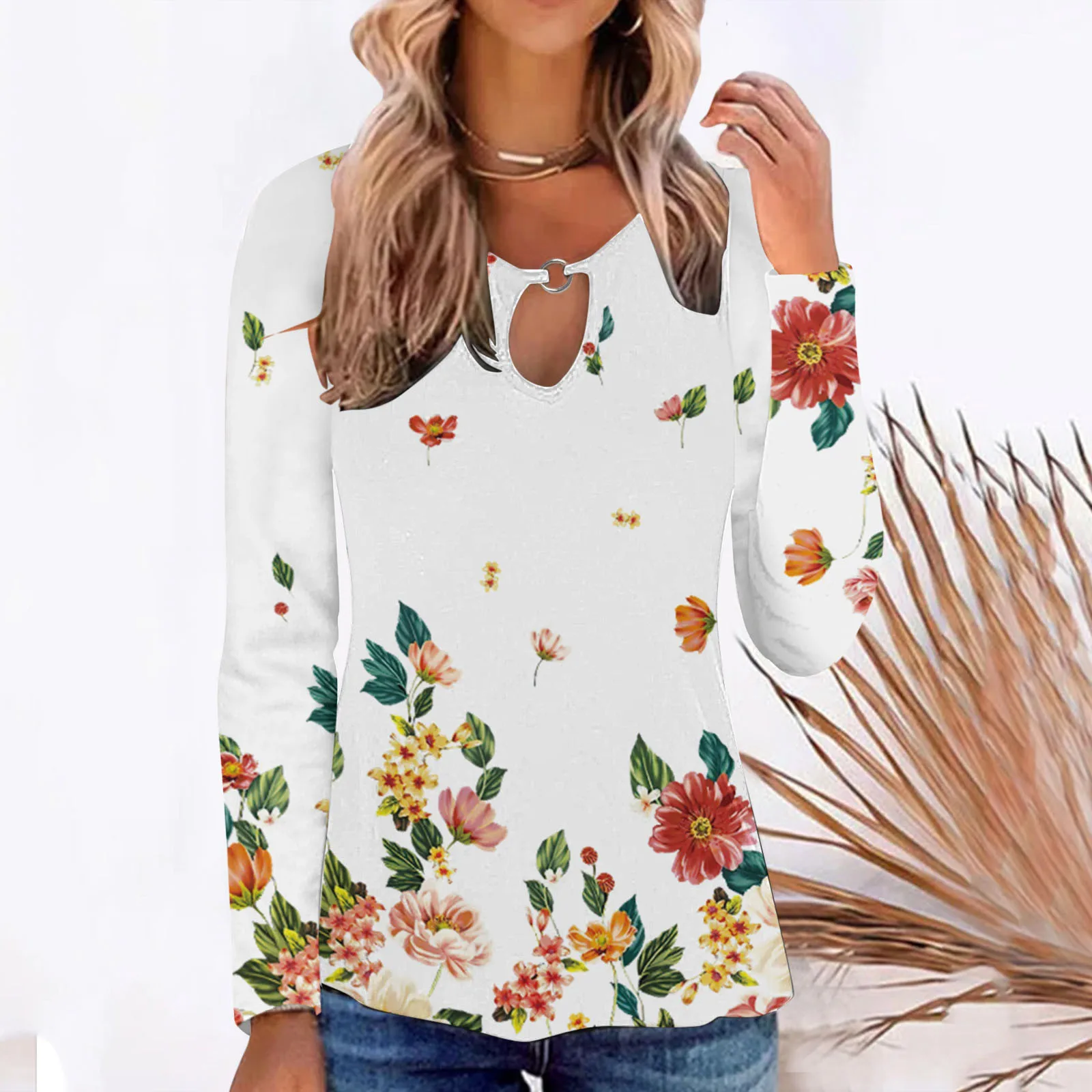

Ladies Knit Long Sleeve Top Women Casual Feather Flowers Printing Hollow Out T Shirts Crew Neck Long Sleeve Blouses Tops